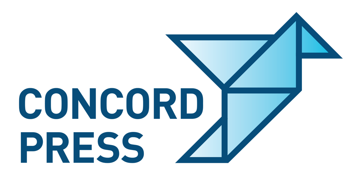 Concord Press logo. Concord meaning harmony between people or groups. The origami bird graphic represents the paper substrate used in our printing, and our swift service like a bird taking flight. 